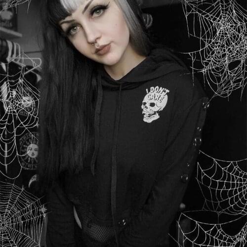 Gaono I Don't Care Printing Funny Skeleton Pullovers Black Aesthetic Halloween Losse Mesh Patchwork Hoodies For Women E-Girls
