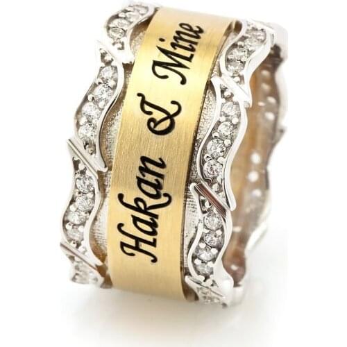 Tesbihane Name Written Wavy Design Zircon Stone 925 Sterling Silver Women Wedding Rings