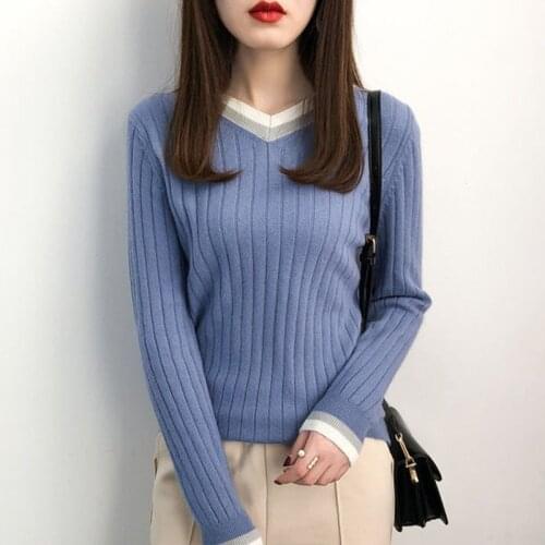 V-Neck Winter Clothes Women Knitted Pullover Sueters De Mujer Autumn Fashion Color Contrast Sweater Women Slim Long Sleeve Top