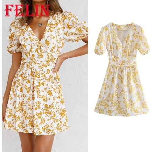 FELIN Za Vintage Flower Print Women Dress V Neck Summer Fashion 2021 Dresses Women Short Sleeve Holiday Chic A-Line Vestidos