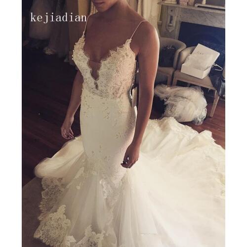 Spaghetti straps beading Lace Mermaid Bohemia Wedding Dresses 2021 Pearls Chapel Train Wedding Gowns For Women White Bridal Gown