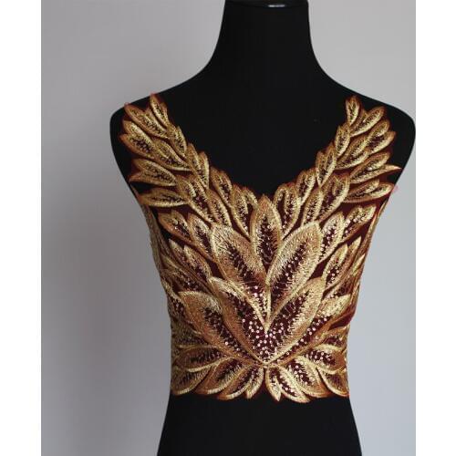 1pc Red, Sapphire Wedding Gold thread sequins lace flower applique accessory diy material decoration chest decals 42X 62cm LA223