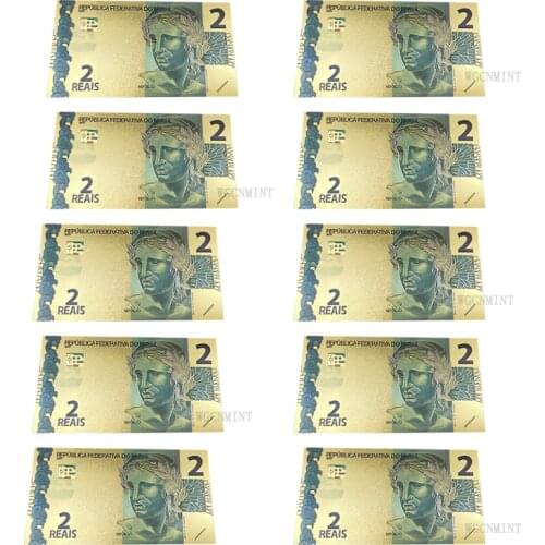 10PCS Brazil Banknotes 2 Reyals Gold Foiled Platsic Banknote Crafts Gold Plated Replica Money Collection Souvenirs Drop Shipping