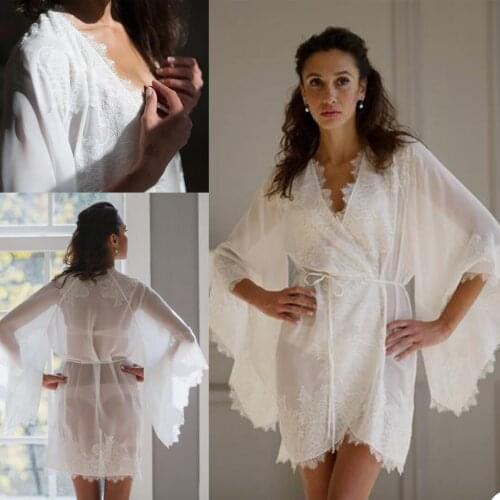 2021 Unique Womens Prom Gowns V Neck Long Sleeve Chiffon Bathrobe Nightgown Pajamas Lace Appliques Sleepwear Custom Made