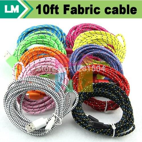 300pcs/lot Colorful 10FT 3M Universal Micro USB Adapter Fabric Braided Nylon Knit Data Sync Charger Cable for Samsung S7 S6 HTC