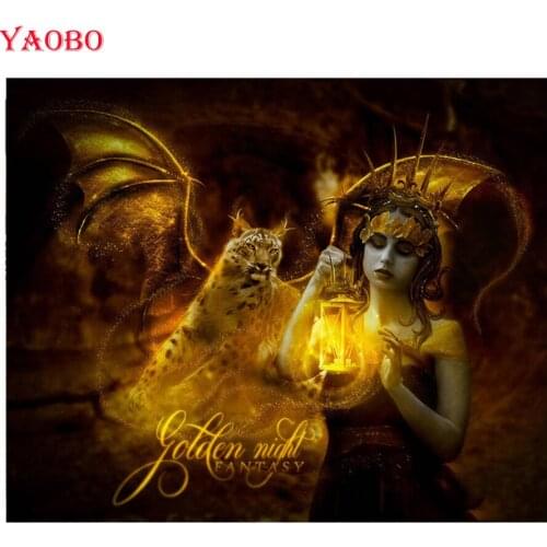 5D Diy diamond painting cross stitch girl and flying leopard Full Square Round Diamond embroidery Mosaic Needlework Wall Sticker