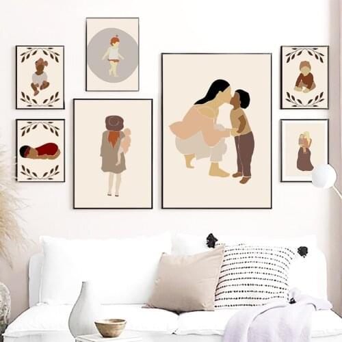 Mother And Son Baby Girl Leaf Hat Boho Abstract Wall Art Canvas Painting Nordic Posters And Prints Wall Pictures Kids Room Decor