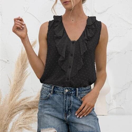 Plus Size Women Casual Shirt Top Tanks Summer Button Ruffles V Neck Solid Color Polka Dot Sleeveless Blouses Tops 2021 Girls