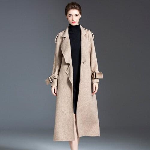 Herringbone cashmere wool blended coat Womens luxury length windbreaker autumn and winter loose double-sided woolen coat 20402