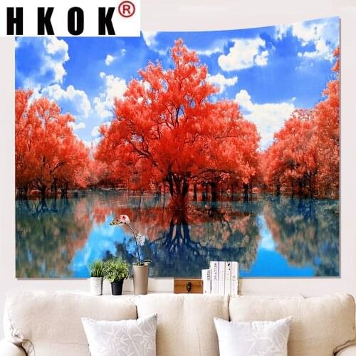 HKOK Lake Forest Reflection Landscape Tapestry Hanging Covering Rugs Background Cloth Beach Mat Blanket Bedroom Living Home Dec