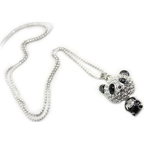 Classical Womens Rhinestone Moving Head Panda Pendant Sweater Chain Necklace