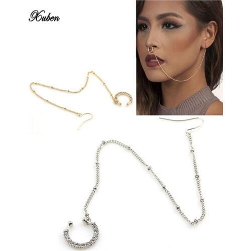 2017 New Arrival Crown Pierced Rhinstone Nose Hoop Nose Rings Fake Septum Clicker Body Piercing Jewelry Hanger Clip On Set Chain