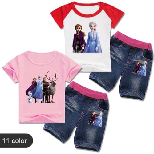 Summer Baby Girl Clothing Set Cartoon Princess Frozen Anna Elsa Olaf Children Girl Short Sleeve T Shirt+Jean 2 Pcs Casual Suit