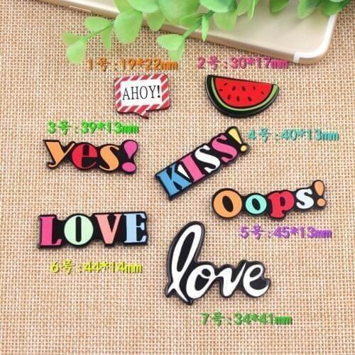 7pcs set DIY acrylic paster word tag charms love kiss ahoy oops! graffiti patch collar pin brooch badge jewelry making findings