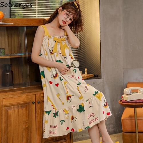 Summer Nightgowns Women Bow Large Size Sleep Dress Printed Slash Neck Sleeveless Homewear Kawaii Korean Style Loose Retro Trendy