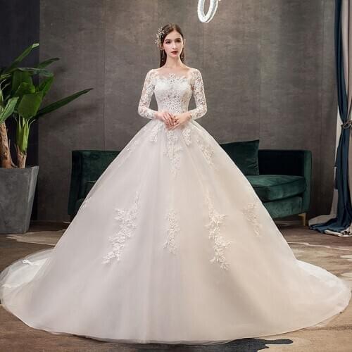 2020 New Elegant O-neck Wedding Dress Noble Lace Full Sleeve Wedding Gowns With Train Plus Size Bride Dress Vestido De Noiva
