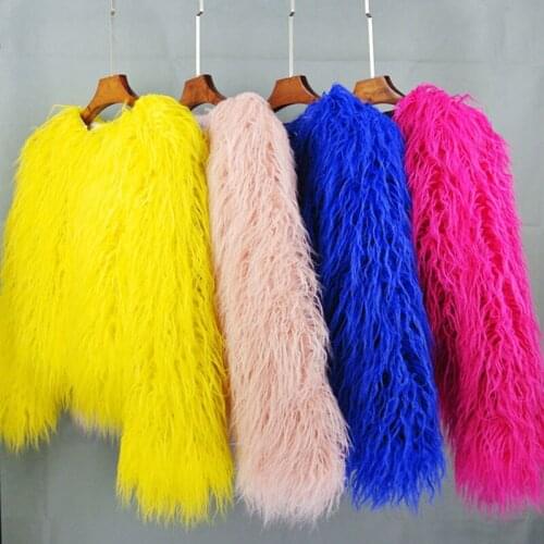Womens Fur Coat Colorful Furry Pink Lamb Wool Faux Fur Coat Female Shaggy Plus Size Sheepskin Coat Winter Artificial Fur Jacket