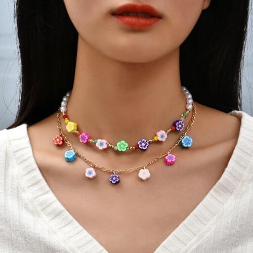 New Fashion Soft Polymer Clay Flower Necklace For Women Multicolor Simulated Pearls Chokers Necklace Summer Party Jewelry