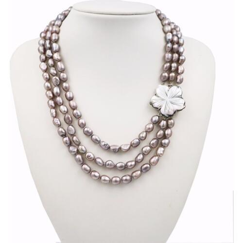 Beautiful new fashion natural baroque freshwater pearls 3 rows mm 7-9 mm gray color pearl necklace shell flower clasp 20
