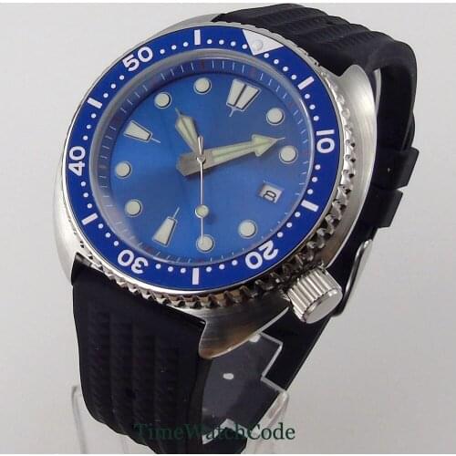 45mm Genuine NH35 Automatic Mens Watch Blue Dial Sapphire Glass Rubber Strap C3 Super Lume Rotating Bezel Hacking Seconds