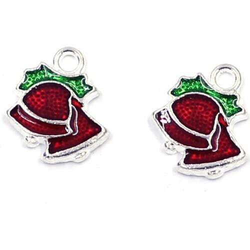 10Pcs Pendants Bell Christmas Zinc Metal Red Green Enamel Silver Plated For Charms Bracelets Jewelry DIY Making Findings 15x13mm