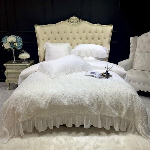 Luxury White Lace Design Embroidery Egyptian Cotton Duvet Cover Bed Linen Fitted Sheet Pillowcases Bedclothes King Queen 4/6 PCS