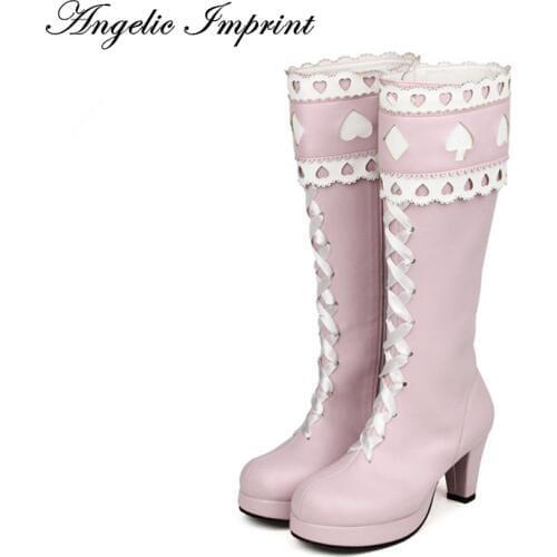 Alice in Wonderland Inspired Pincess Pink Boots 7cm Chunky High Heel Lace-up Sweet Lolita High Boots 8600