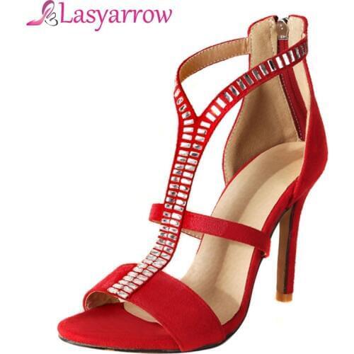 Lasyarrow Big Size 32-46 Women Shoes Thin High Heels Crystal T-strap Open Toe Cut Outs Gladiator Sandals Black Red Blue RM263