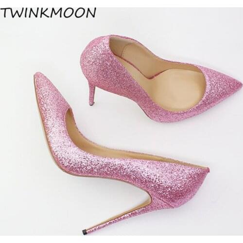 12cm Glitter Stiletto Ladies Shoes Point Toe High Heels Shoes Sexy Bling Wedding Shoes Luxury Pumps Women Plus Size 46