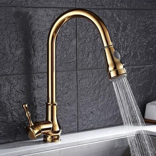 Pull Out European Retro Style and Gold Surface Kitchen Faucet Bathroom Basin Faucet By Brass Sink Faucet Water Mixer 360° Tap