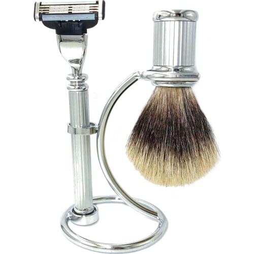 WLONG High Quality Pure Badger Hair Shaving Brush Kit with Metal Handles and Holder for Barber Tool