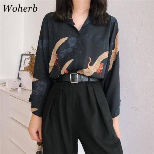 Woherb 2021 Vintage Womens Tops and Blouses Print Crane Korean Casual Ladies Shirts Summer Blusas Femininas Elegante 21104