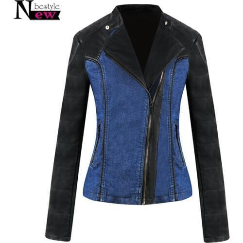 New Jeans Jacket Women Zipper Leather Patchwork Jacket Soft Slim Fit Leather Coat Women Light Washed Denim Jacket chaqueta mujer