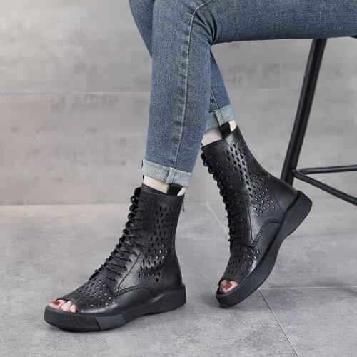 Spring and Summer British Style Leather Martin Boots Womens Thick-soled Breathable Hollow Sandals Fish Mouth Mesh Holes Boots
