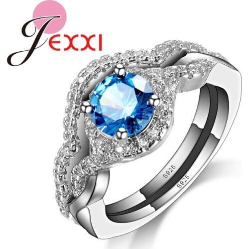 Women Luxury Wedding Engagement Shinning Rings Set For Ladies 925 Sterling Silver Blue Round Finger Ring Gift
