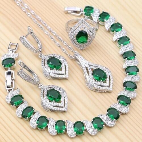 925 Silver Bridal Jewelry Kit Set For Women Natural Green Cubic Zirconia Ring Bracelet Necklace Pendant Earrings