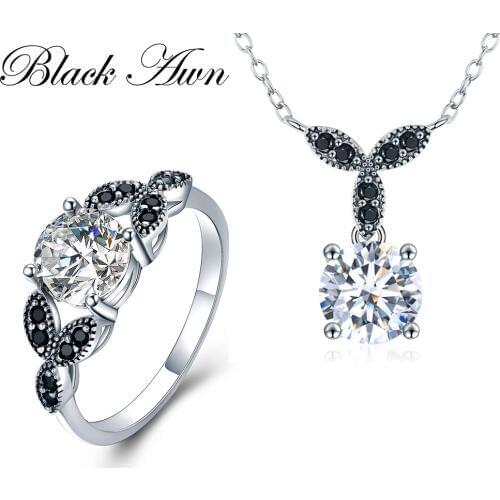 [BLACK AWN] 925 Sterling Silver Fine Jewelry Sets Trendy Engagement Sets Wedding Necklace+Ring for Women PR035