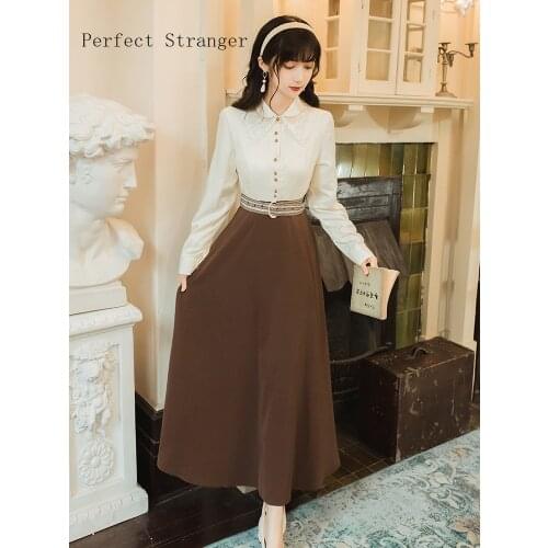 Retro Hot Sale High Quality Autumn New Arrival Peter Pan Collar Lace Color Block French Style Women Long Dress