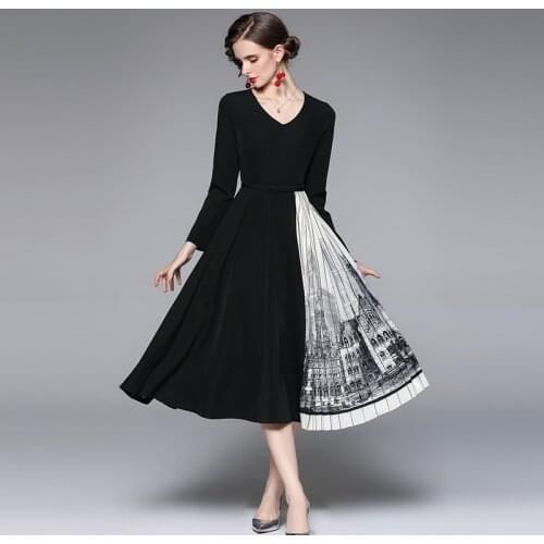 Runway Designer Autumn Winter Vintage Dress OL Elegant Floral Print Chiffon Splicing Midi Pleated Dress Robe Women Clothing
