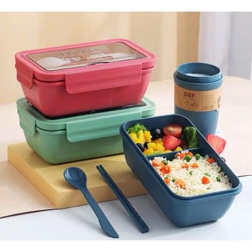 1100ml Portable Lunch Box with Compartments Container Bento Box Leakproof Food Container for Kids Student with Tableware