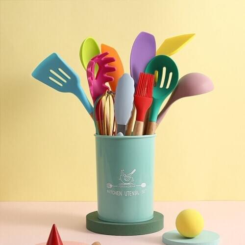 12 Pcs/Set Color Silicone Kitchen Kitchenware Set Wooden Handle Non-Stick Cookware Cooking Spoon Kitchen Utensils Gadgets