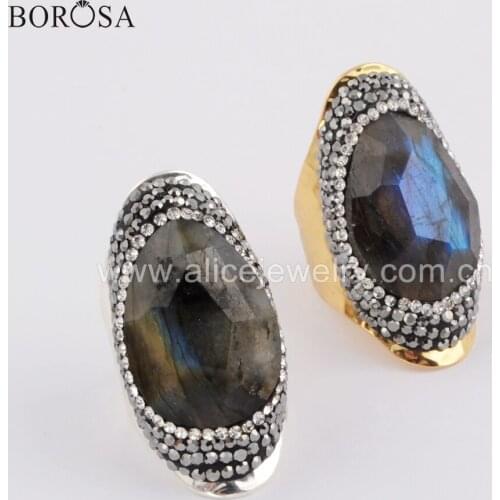 BOROSA 5PCS New Gold Filled Natural Labradorite Facted Teardrop Paved Rhinestone Band Rings boho style Rings Jewelry JAB957