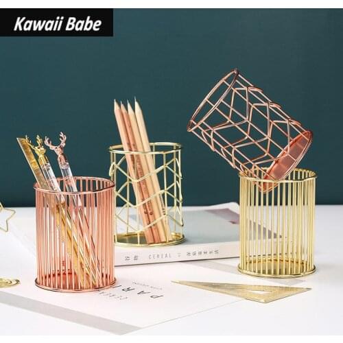 Marker Pen Holder Makeup Pencil Holder Desk Brush Organizer Stand Rose Gold Hexagon Iron Office Accessories Storage Container