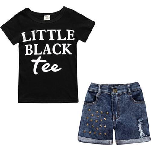 2020 Kids Girls Sets Vest+Jeans Shorts 2 Pieces Children Clothing Summer Cotton Short Sleeve Toddler Letter Pullover Costumes