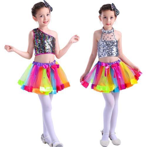 Childrens sequin jazz dance gauze skirt performance costume girls colorful pom pom skirts+ tops modern ballet boys stage Suits