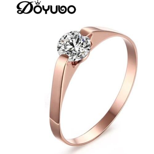 DOYUBO Simple Women Rose Gold Stainless Steel Cross With Big Size AAA Cubic Zirconia Lady Classical Wedding Rings Jewelry DE012