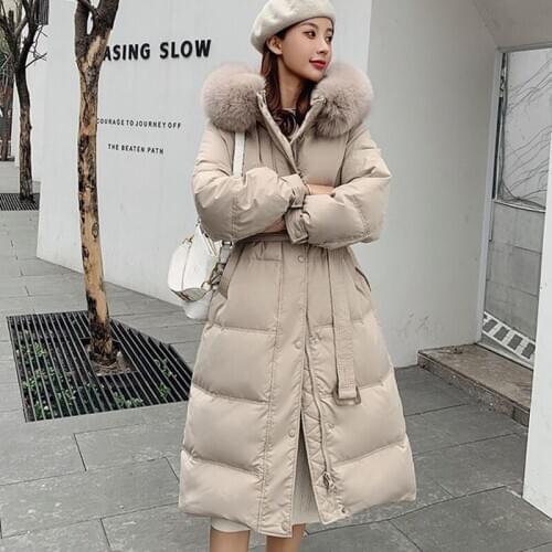 Winter Big Fox Fur Hood Puffer Jacket Knee Length Slim White Duck Down Padded Overcoat With Belt Office Lady Down Parkas JK-884