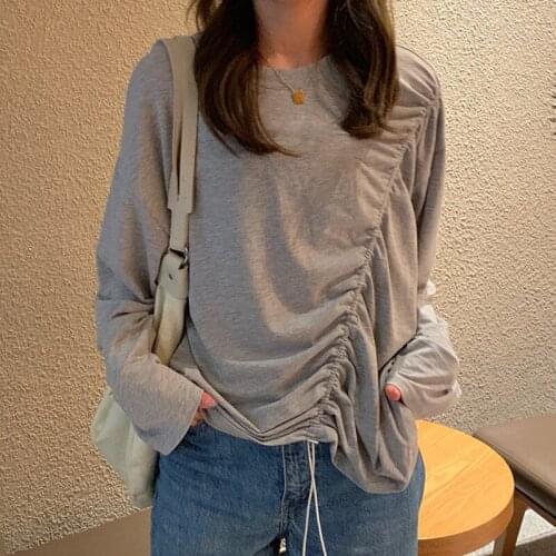 New 2021 Women Spring Summer T-shirt Bottoming Basic Fashionable Shirring Wild Lady Drawstring Oversize Tops Z264