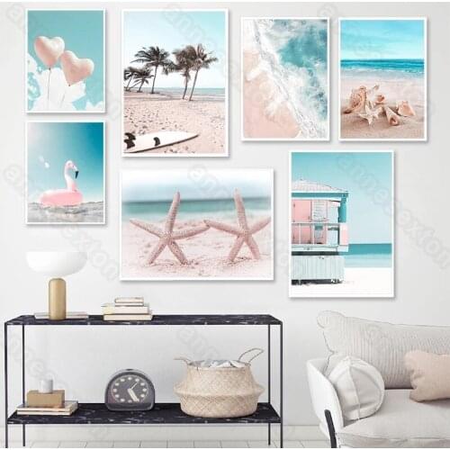 Modern Style Canvas Painting Posters and Prints Seaside Scenery Beach Sea Water Pink Heart Trees for Home Rooms Wall Decoration