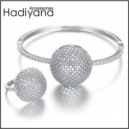 HADIYANA Ball Shape Bangle&Ring 2pcs Jewelry Set AAA Cubic Zirconia Dubai Luxury Bangle set For Women Wedding Party SZ095